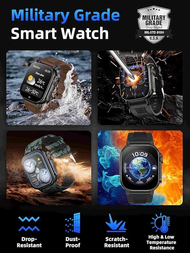KPEP Military Watches for Men (2 Straps), 2.01" Fitness Tracker Watch with LED Flashlight, 100 Days Battery, Compass, SpO2 Heart Rate Monitor, Sleep Tracking, Reminders, Military Watch for iOS Android