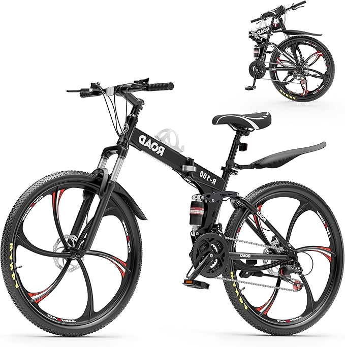 Betterland 26 Inch Mountain Bike, 21 Speeds Full Suspension Folding Bikes, Dual Disc Brake, High Carbon Steel Frame and Non-Slip Quick Release tire Bicycle for Adult