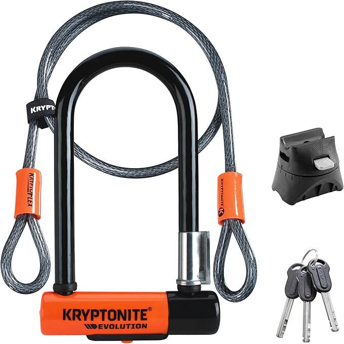 Kryptonite Evolution Mini-7 Bike U-Lock with 4 ft Security Cable - 7mm Max - Performance Steel Shackle with Double Deadbolt, Includes 3 Keys, Convenient Carry Bracket - Compact High-Security Bike Lock
