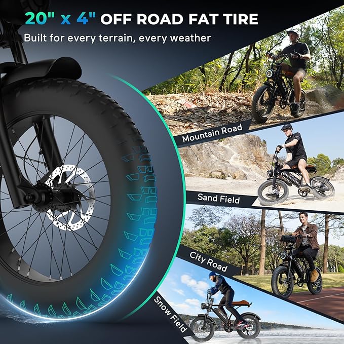 Movcan V60/V60 Pro Electric Bike, 48V 15.6/18.2Ah Removable Battery 20” Fat Tire Electric Bike, 1000/1500W Motor 30/33MPH Top Speed Electric Motorcycle, for Commute/Offroad/School/Rain/Snow Riding.