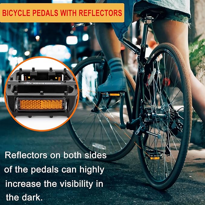 Mountain Bike Pedals 9/16 Inch - Bicycle Flat Pedals with Reflectors - Lightweight Aluminum Alloy Wide Platform Pedals for Mountain Bike, BMX, Road Bike Pedals