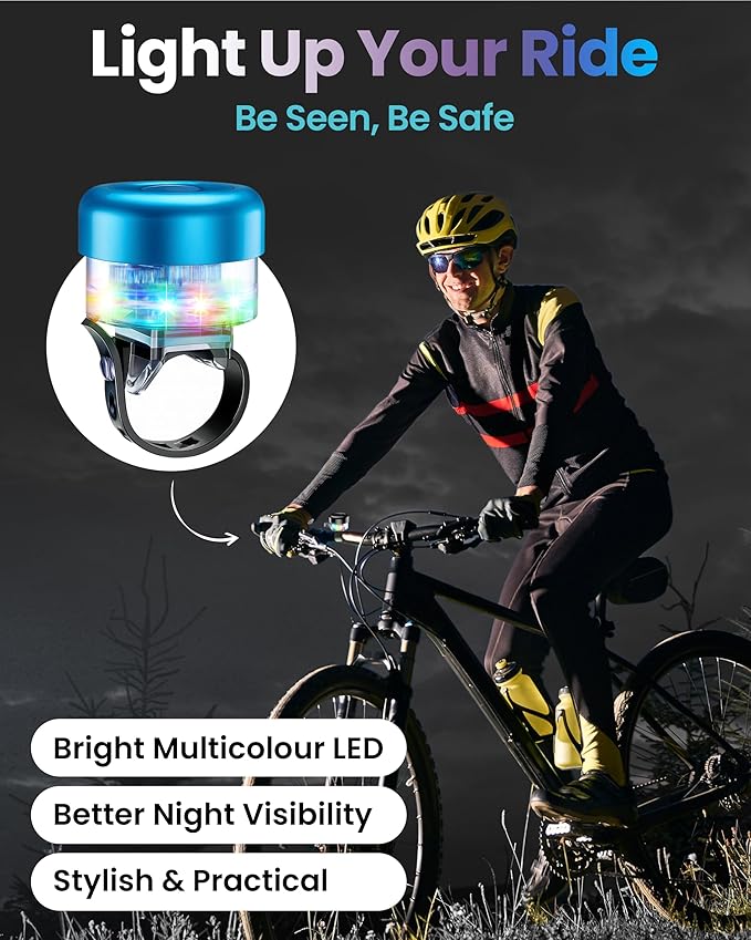 Bike Bell for Kids & Adults, LED Light Up Bike Bell Loud Crisp Sound Bicycle Bell with 3 Lighting Mode, Rechargeable Adjustable Strap Bike Accessories Fits Most City Bike Mountain Bike Children's Bike
