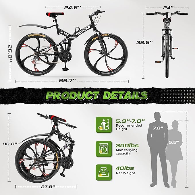 26 Inch Adult Folding Bikes, Mountain Bicycles with Full Suspension, Dual Disc Brake, High Carbon Steel Frame, Foldable Bike for Men/Women/Teen, （HM-Black）