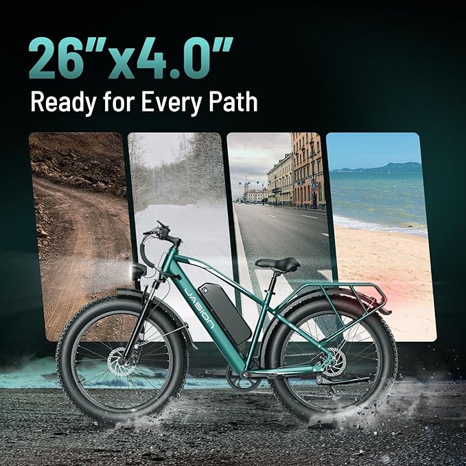 Jasion EB5 MAX Electric Bike for Adults with 2000W Peak Motor, 48V 15Ah (720Wh) Battery Electric Mountain Bike, 26'' x 4'' Fat Tire Ebike, 28+MPH Speed, Cruise Control, with Fenders, Rear Rack