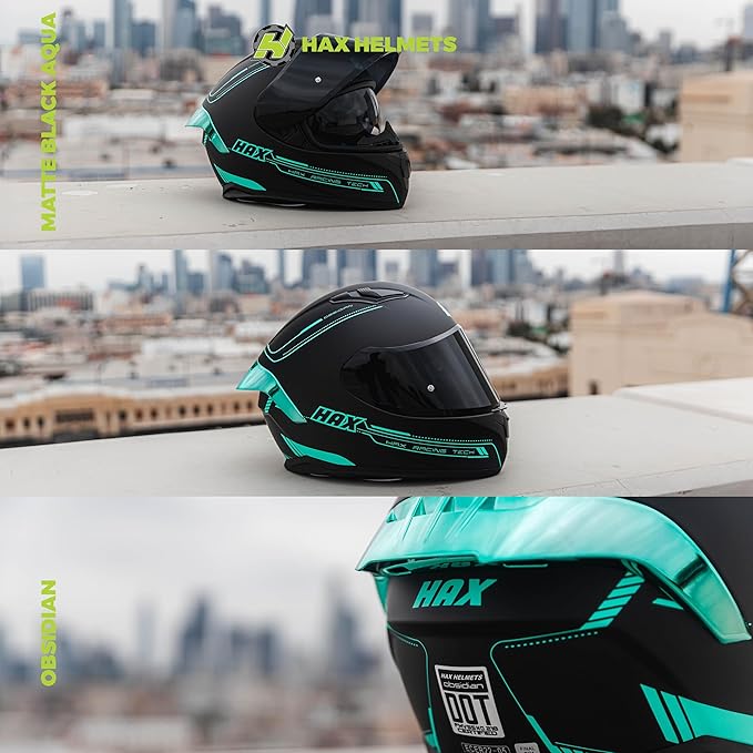 HAX Obsidian Full Face Dual Visor Adult Motorcycle Helmet for Motorbike Street Bike with Pinlock Ready DOT Approved Matte Black Aqua S
