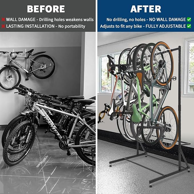 PeakPursuit Freestanding Bike Storage Rack for 5 Bikes, Heavy Duty 300LBS Vertical Bike Stand, Adjustable Height, Space Saving, Indoor/Outdoor Vertical Garage Bicycle Organizer