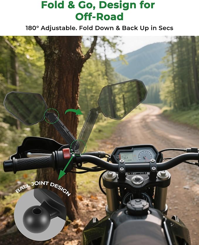 Adventure Motorcycle Mirrors, VOUTRAK Universal Convex Rear View Mirror, M8 M10 Bolt & 7/8" Handlebar Mount, Foldable, Ball Joint, 360° Adjustable, Anti-Vibration for Dirt Bike, ATV, Scooter, Ebike