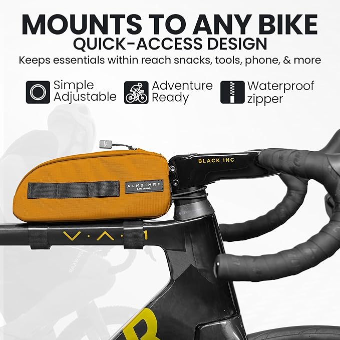 ALMSTHRE Top Tube Bag 8'' x 2'' x 3'' | Waterproof, Secure & Stable – Universal Bike Storage with Versatile Mounting – Fits Essentials | Adventure-Ready Cycling Gear