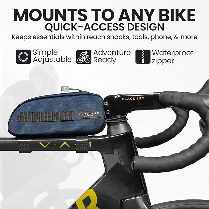 ALMSTHRE Top Tube Bag 8'' x 2'' x 3'' | Waterproof, Secure & Stable – Universal Bike Storage with Versatile Mounting – Fits Essentials | Adventure-Ready Cycling Gear