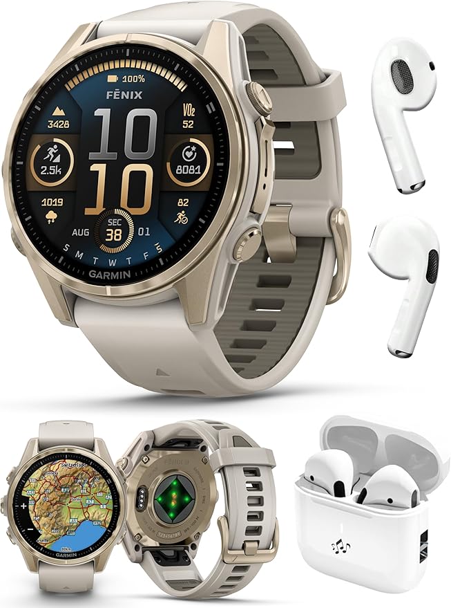 PlayBetter Garmin Fenix 8 AMOLED Sapphire (43mm, Soft Gold/Dark Sandstone) Multisport GPS Smartwatch Bundle - 1.3” Touchscreen, Built-in LED Flashlight Wireless Running Earbuds