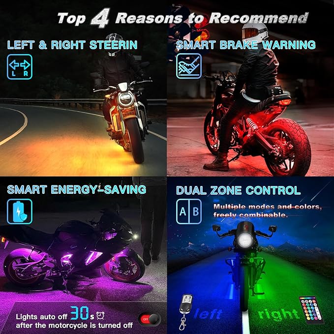 12PCS Double Row Motorcycle RGB LED Light Kits with Brake Turn Signal, Super bright Underglow Light with APP/RF Remote, Neon Accent Waterproof 12V for Sport Bike, Cruiser, Street & Off-Road Motorcycle