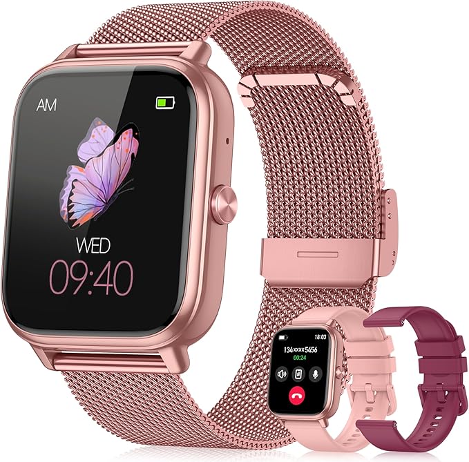 Smart Watch for Women Men- 1000mAh Battery Answer/Make Call, Fitness Step Tracker Watch with Sleep Monitor/Activity Counter/110+ Sport Mode for Andriod iPhone iOS Compatible - 3 Straps, Pink
