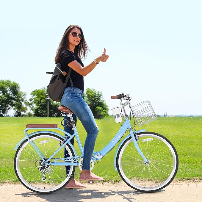 24/26 Inch Foldable Beach Cruiser Bike for Womens, 7 Speed Womens Bike with Basket and Coffee Cup, Commuting Bicycles for Women, Lightweight Complete Cruiser Bikes Bicycle for Ladies Adults