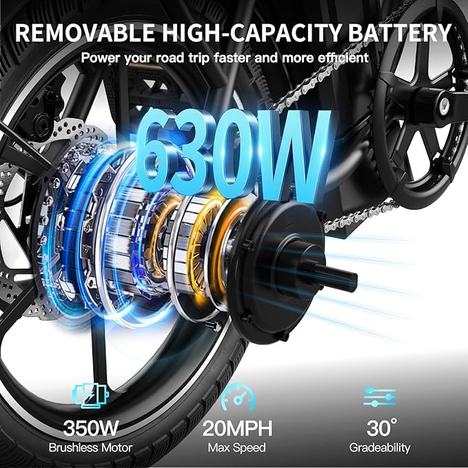 WINDHORSE 16" Folding Electric Bike for Adults, 630W Peak Electric Bicycle, 20MPH, 20-35 Miles Range, 288Wh Removable Battery, UL2849 Certified Commuter Ebike