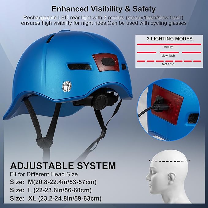 Bike Helmet Adult Men/Women-USB Rechargeable Rear Light CPSC/ASTM Certified 2 Removable Liners Adjustable Lightweight Baseball Cap Style for Youth Road&Mountain Biking Skating Scooter