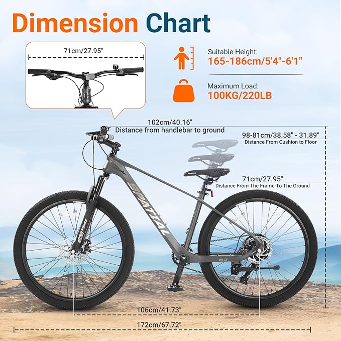 SPATIAL Mountain Bike, 20/24/26/27.5/29 inch Outdoor Cycling Bike,21/8 Speed Lightweight Aluminum Frame | Dual Disc Brakes,Adjustable Ergonomic Seat for Men Women Adult Teens