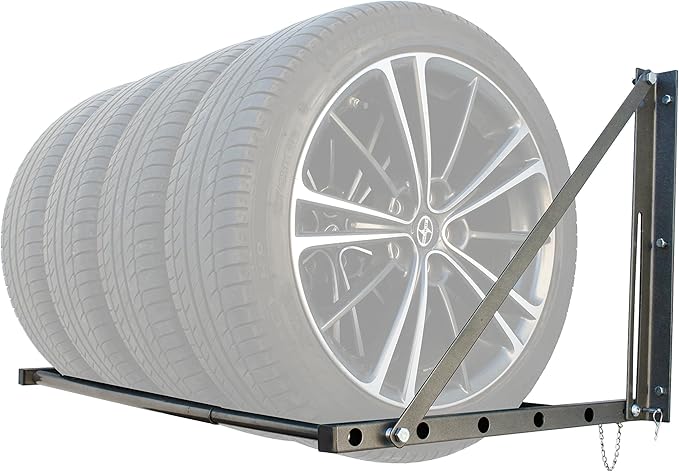 MaxxHaul Adjustable Wall Mount Folding Tire Rack – 32 to 48 Inch Width – 300 lb Capacity – Heavy Duty Steel Garage Tire Storage Holds 4 Tires – 70489