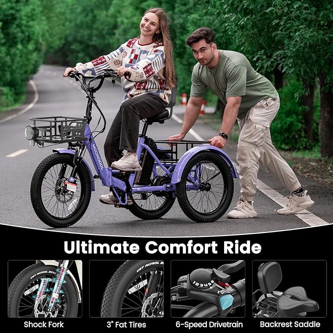 MOONCOOL Electric Trike for Adults, 500W/750W 48V Electric Tricycle for Adults Peak Power 1500W, 20"x3.0" Fat Tire 3 Wheel Electric Bike, Folding Aluminum Adult Tricycle with Removable Battery