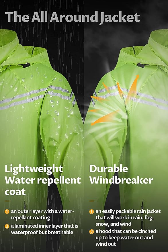 CREATMO US Men's Packable Waterproof Running Rain Coats Reflective Cycling Jacket Windbreaker With Removable Hood