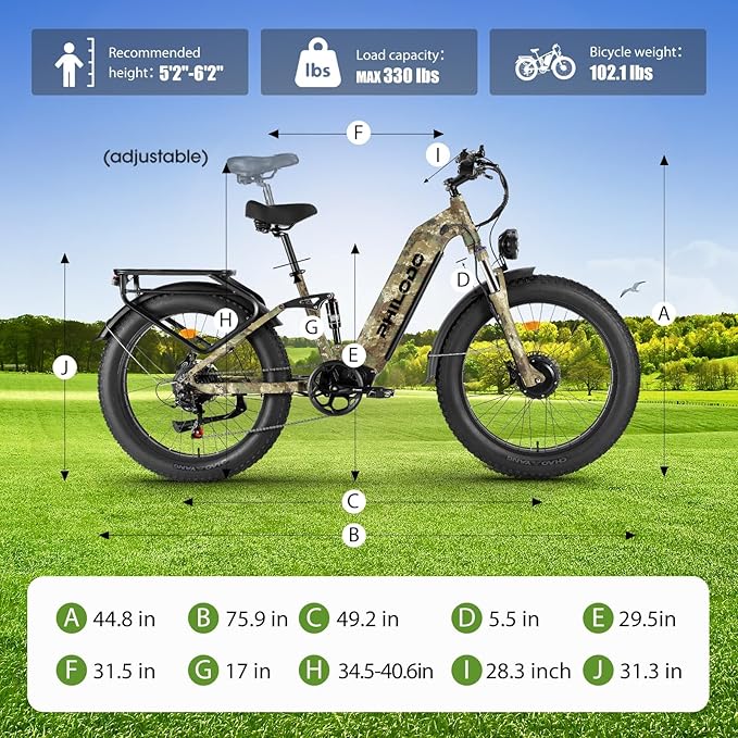 5000w Dual Motor Electric Bicycles, 60V Battery E-Bike with 45 MiIe P-Hour Electric Bike for Adults, 26 Fat Tire Hunting Ebike for All Terrain, Full Suspension Electric Ebike