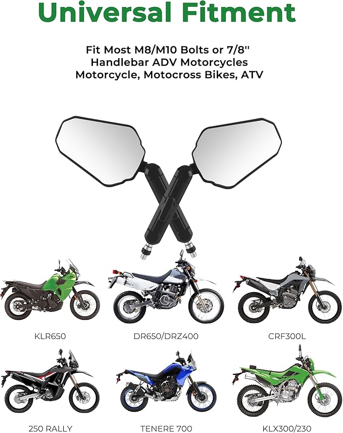 Adventure Motorcycle Mirrors, VOUTRAK Universal Convex Rear View Mirror, M8 M10 Bolt & 7/8" Handlebar Mount, Foldable, Ball Joint, 360° Adjustable, Anti-Vibration for Dirt Bike, ATV, Scooter, Ebike