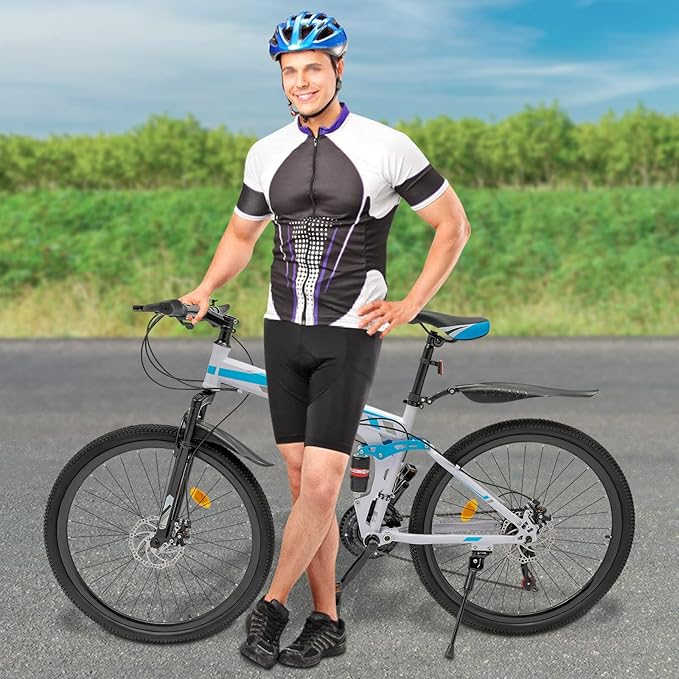 26" Mountain Bike Folding 21 Speed Full Suspension High Carbon Steel Bike Bicycle Adjustable Saddle Height, Dual Disc Brakes Non-Slip Folding Bike, Adult/Men/Ladies Mountain Bike