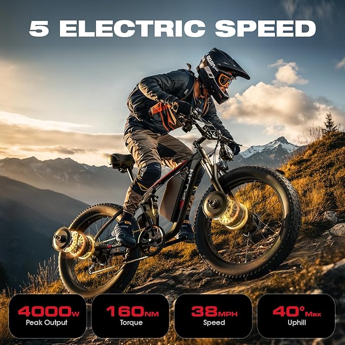 4000W Dual Motor Ebike with 52V 25Ah Removable Battery for Adults,Max Speed 38MPH Up to 100 Miles,24" Fat Tire Electric Bike for Snow Off-Road Commuter Mountain E-Bike for Men