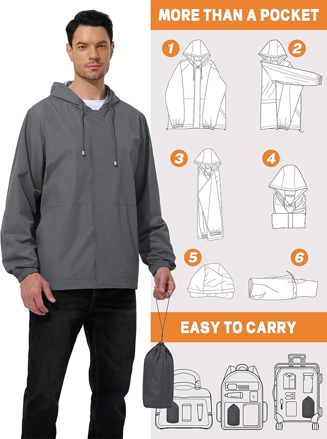 Men's Rain Jacket Waterproof Windbreaker Raincoat Cycling Running Hiking Golf Travel Gear Hood Lightweight Packable
