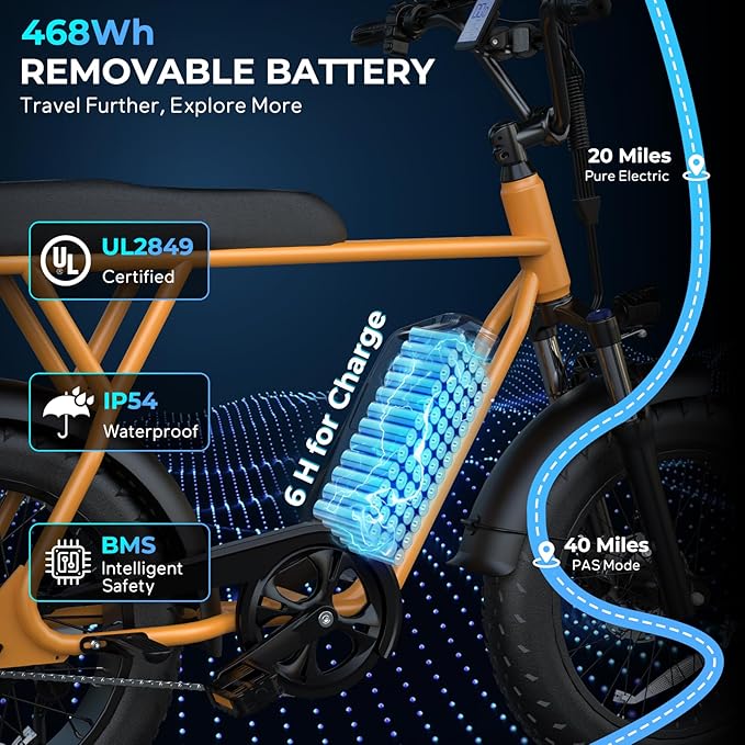 T63 Multi-Color Electric Bike for Adults & Teens, 1000W Peak Motor, 20MPH 468Wh Remove Battery,20"x4"Fat Tire Ebike, Moped Style Comfortable Electric Bikes,Long Seat E Bikes for All-Terrain