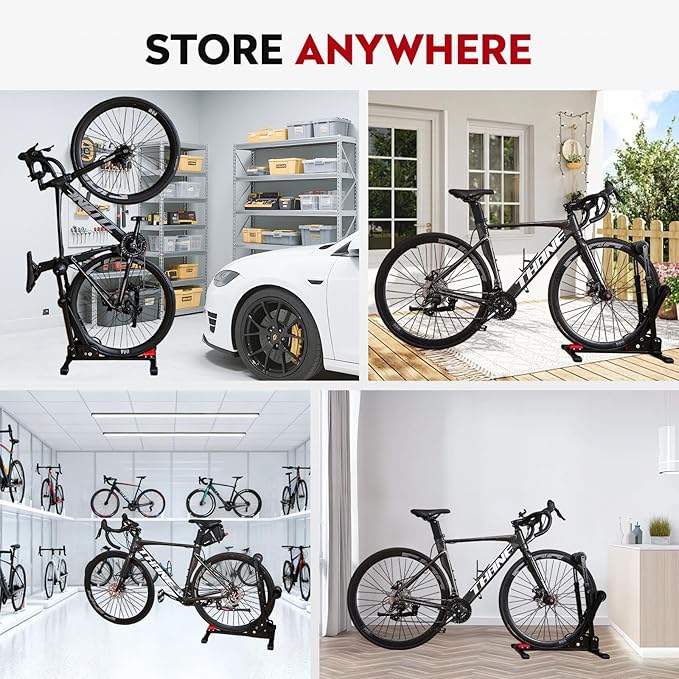 3-In-1 Foldable Bike Floor Stand, Portable Bike Storage for Garage, Up to 2.4" Tire Wide, MTB & Road Bicycle Floor Stand, Front Rear Wheel & Vertical Parking Rack Fit for 24"-29" Bikes