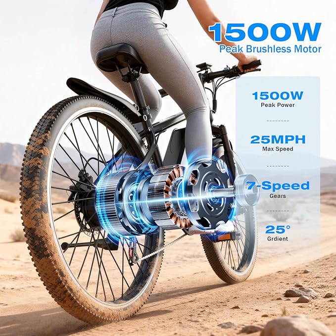 ASKGO Electric Bike for Adults, 1500W Peak Motor, 25Mph, 65Miles, 48V 10AH Removable Battery, 26“ Mountain Ebike with 7-Speed Gear for Beach Snow Commuter