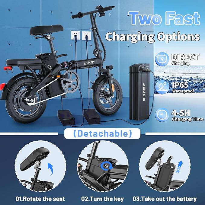 Electric Bike for Adults and Teens, 740W Peak Motor E-Bike with 30-60 Miles PAS Range, 48V 10AH/20AH Removable Battery, 14" Folding Mini Ebike with 20MPH, Electric Bicycle for Commute