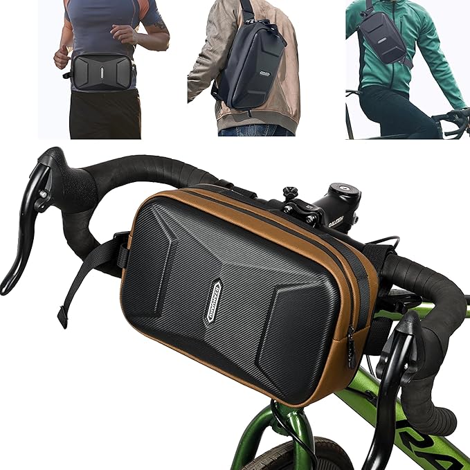 Bike Handlebar Bag, EVA Waterproof Bike Front Bag, 3.2L Bicycle Frame Storage Bag Waist Shoulder Bag, Bike Pouch for Road Mountain Bicycle Cycling Travel Hiking (Brown)