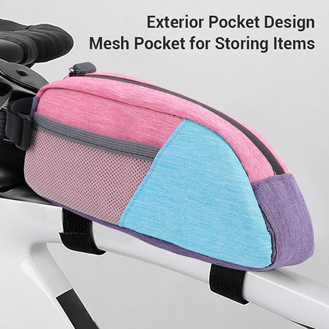 Fockety Top Tube Bike Bag, Color Blocking 0.8L Bike Frame Bag Bike Frame Storage Bag Bike Accessories Pouch for Mountain Road Bikes (Blue Pink Purple)