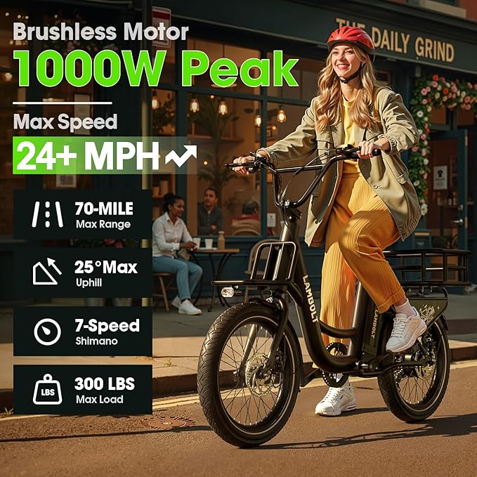 Electric Bike for Adults - 1000W Peak Motor Ebike with 48V15Ah Removable Battery, 20" x 3.0 Fat Tire Step-Thru 7-Speed Commuter Electric Bicycle, Up to 24 MPH, 70 Miles Range, UL 2849 Certified.