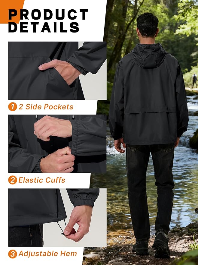 Men's Rain Jacket Waterproof Windbreaker Raincoat Cycling Running Hiking Golf Travel Gear Hood Lightweight Packable