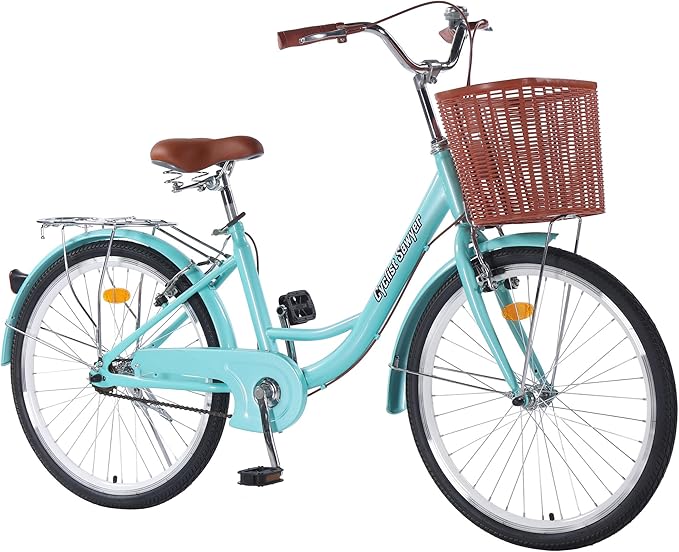 24 inch Hybrid Bikes for Women, Adult Bicycles Lightweight Hi-Ten Steel Frame Road Bike Single Speed with Rear Rack and Basket, Commuter City Bike, Comfort Lady Bicycle, Vintage Adult Bike, Green