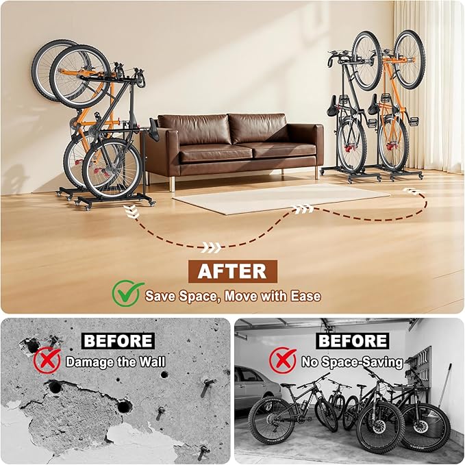 Vertical Bike Stand, Freestanding Upright Bicycle Floor Rack with Adjustable Height, Space-Saving Indoor Bike Holder for Garage & Apartment, Compatible with MTB & Road Bike Wheels up to 29-Inch