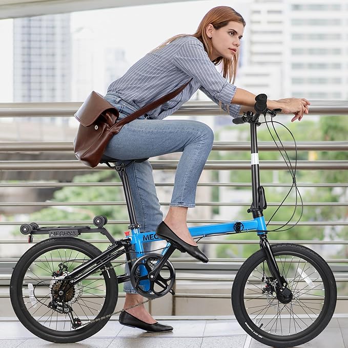 MEGHNA 20 inch Folding Bike Triple-Fold Commuter Bike 7 Speed Portable Folding Bicycle Dual Disc Brakes 20 x 1.75 inch Tire Flat Handlebar Bike with Cargo Rack, Multi - Colors (White/Blue/Green)