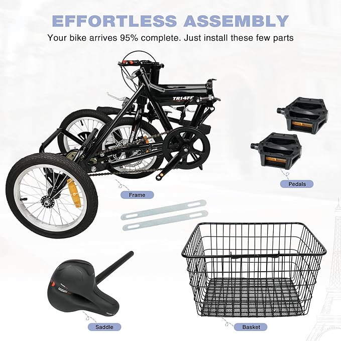 14 inch Folding Tricycle Dual Disc Brake Three Wheel Cruiser Bike Large Capacity for Adult