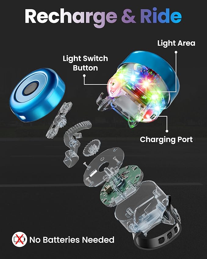 Bike Bell for Kids & Adults, LED Light Up Bike Bell Loud Crisp Sound Bicycle Bell with 3 Lighting Mode, Rechargeable Adjustable Strap Bike Accessories Fits Most City Bike Mountain Bike Children's Bike