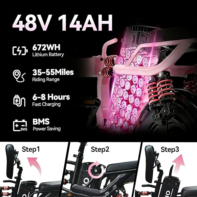 Folding Electric Bike, Peak 800W Motor 25MPH,48V 14Ah Removable Battery 55Miles Ebike,14'' Lightweight Adults Electric Bicycles for Men/Women/Teens,Mini E-Bike,Full Suspension