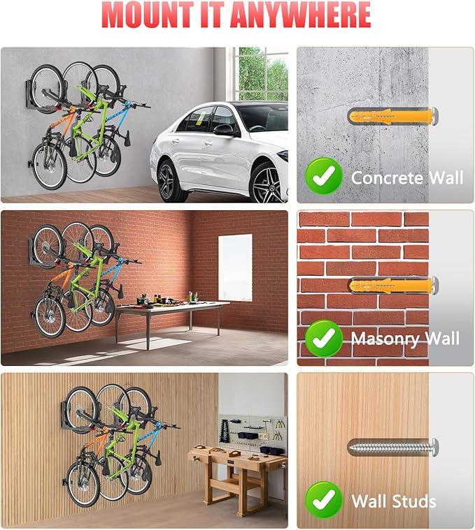Swivel Bike Wall Mount 2 Pack Bike Rack for Garage, No Heavy Lifting Required Wall Bike Hangers Can Holds up to 77 lbs (Black & Red)