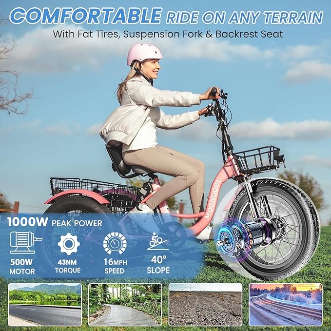 MOONCOOL 1000W 4" Fat Tire Electric Tricycle for Adults, 48V 14.5Ah All-Terrain Aluminum 20" E-Trike, Front Suspension, 7-Speed, 400lbs Max Payload