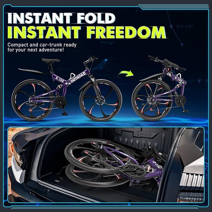 26 Inch Folding Mountain Bike, 21 Speed Full Suspension Bicycle Dual Disc Brake Non-Slip Quick Release tire for Adults Men Women(Balck/Pink/Green/Orange/White/Purple)