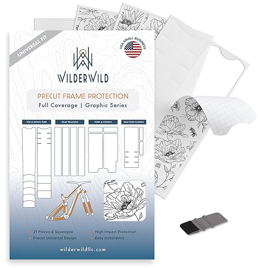 Precut Bike Frame Protection Tape- High Impact Clear Vinyl Wrap Includes 4 Sheets (8.5”x14.5) eBike, MTB Frame Protection, Protects from Scratches and Dings (Poppy Flower)