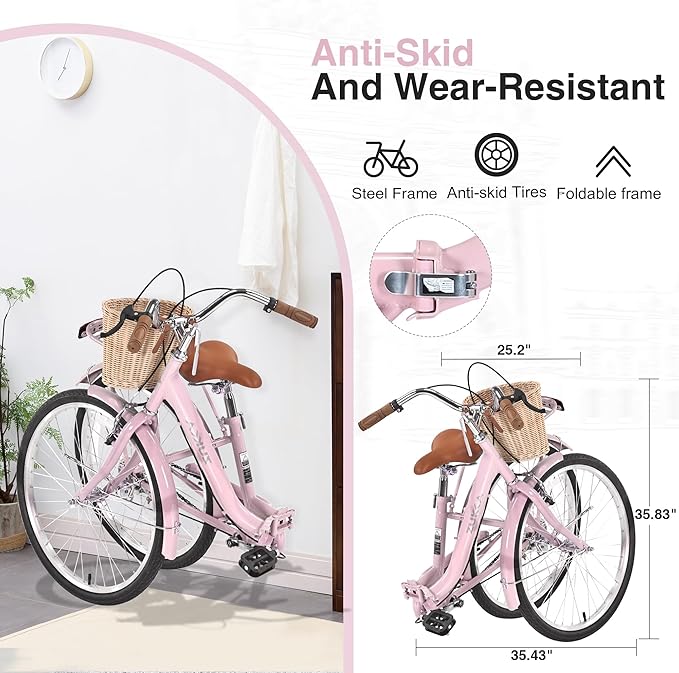 24/26 Inch Folding Girls/Womens Cruiser Bike，1-Speed Foldable Hybrid City Bicycle with Dual Brakes,Basket & Rear Rack，Adjustable Seat Post&Handlebar，3 Colors