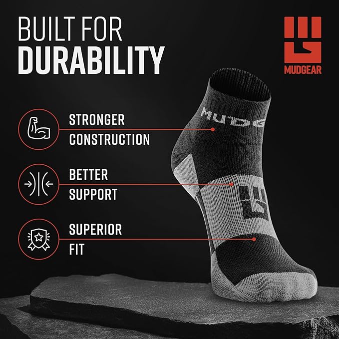 MudGear Quarter Crew Trail Socks, Blister-Resistant, Sweat-Resistant & Quick-Drying, Cushioned Footbed, Made in USA, 2-Pack