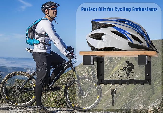 Bike Rack Wall Mount with Shelf and 8 Hooks Offer Horizontal Indoor Bike Storage for Sheds Garages. Wooden Bike Rack Bracket for Road, Mountain, Travel Bicycles, Maximizing Space