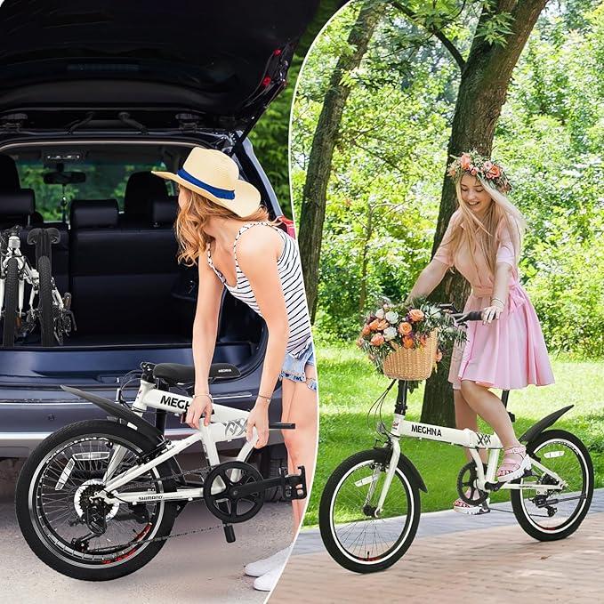 20 Inch for Adults with Basket, Phone Holder & Fenders, Steel Frame 6-Speed City Commuter, Dual V-Brake Portable Compact Bicycle for Men & Women